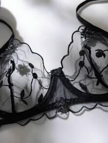 两件套女士浪漫性感薄纱刺绣网纱文胸套装（带钢圈） - 黑色 - 查看 3