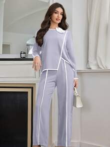 Modelyn 2件套女士撞色滚边3D花卉装饰简约上衣和裤子套装 - 淡紫色 - 查看 4