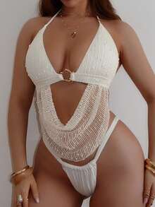 Swim SXY Women's Cute Spaghetti Strap Backless Metal Ring Decorated Swimwear Top, Suitable For Spring/Summer Beach - White - View 4