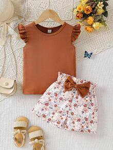 SHEIN Elladie kids 2件套女童夏季休闲纯色荷叶边上衣和印花蝴蝶结装饰短裤套装 - 棕色 - 查看 8