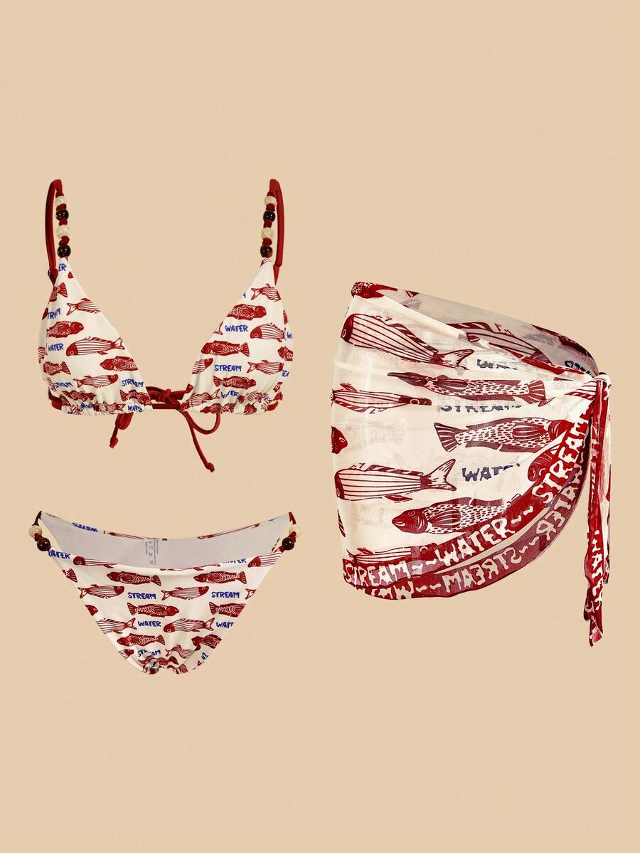 Travachic Bộ bikini hai mảnh đính hạt cườm ngẫu nhiên nhiều màu sắc dành cho nữ, thích hợp cho kỳ nghỉ hè, kèm áo khoác ngoài và váy, đồ bơi nữ, áo tắm nữ, trang phục đi biển cho nữ. - Nhiều màu - Xem 1