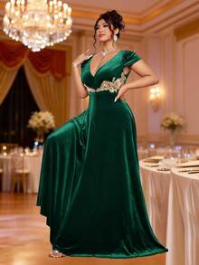 Cravure Đầm dạ hội nhung cỡ lớn dành cho nữ, cổ chữ V, đính sequin và viền bèo nhún, đầm dạ hội cao cấp sang trọng. - Màu xanh lá cây đậm - Xem 7
