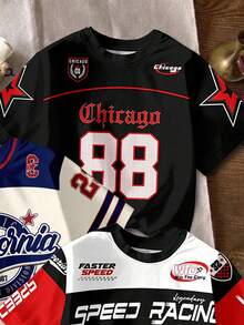 SHEIN 3件装男童休闲简约Y2K时尚英文字母数字23运动复古美式撞色舒适短袖T恤，适合春夏穿着