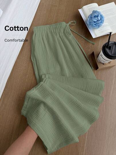 Comfortcana Summer Solid Color Textured Crinkle Fabric Loose Drawstring Tie Waist Casual Vacation Wide Leg Pants, Plus Size
