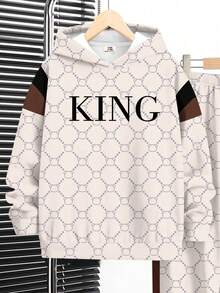 2件套男童休闲宽松印花连帽卫衣和裤子套装，适合秋冬季节穿着，经典小熊图案和国王文字印花，男童服装套装 - 彩色 - 查看 4