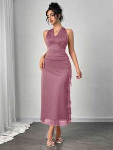 Modelyn Vestido de tirantes finos con fruncido en la cintura, abertura lateral y volante en el bajo, de color liso - Rosa vieja - Ver 5
