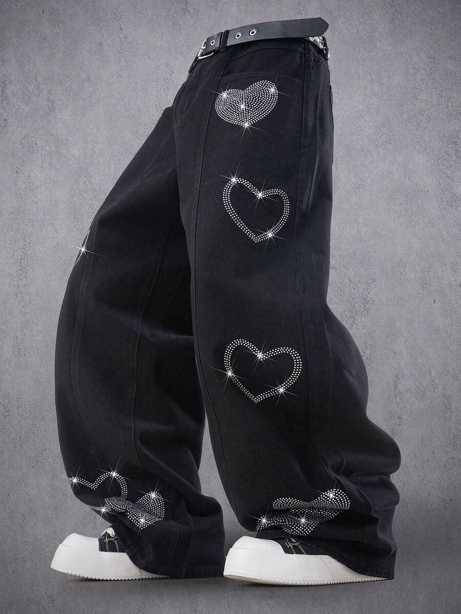 Manfinity EMRG Quần jean ống rộng đính đá lấp lánh unisex - màu đen - Xem 1