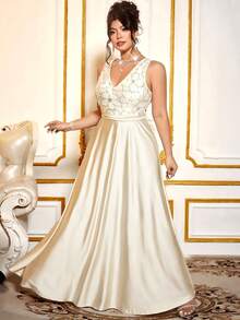 Cravure Đầm dự tiệc lưới đính cườm dài thanh lịch cổ chữ V cỡ lớn cho nữ, Đầm maxi lưới sequin tinh tế, Đầm dạ hội mùa thu cho nữ, Đầm dài thắt eo thanh lịch, tinh tế, thanh lịch - Màu be - Xem 4