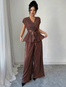 Elenzga Women's Brown V-Neck Pleated Textured Fabric Waist Tie Flared Design Elegant Blouse, Suitable For Valentine's Day, Easter, Labor Day, Birthday, Date, Party, Travel, Spring Outfit - Brown - View 6