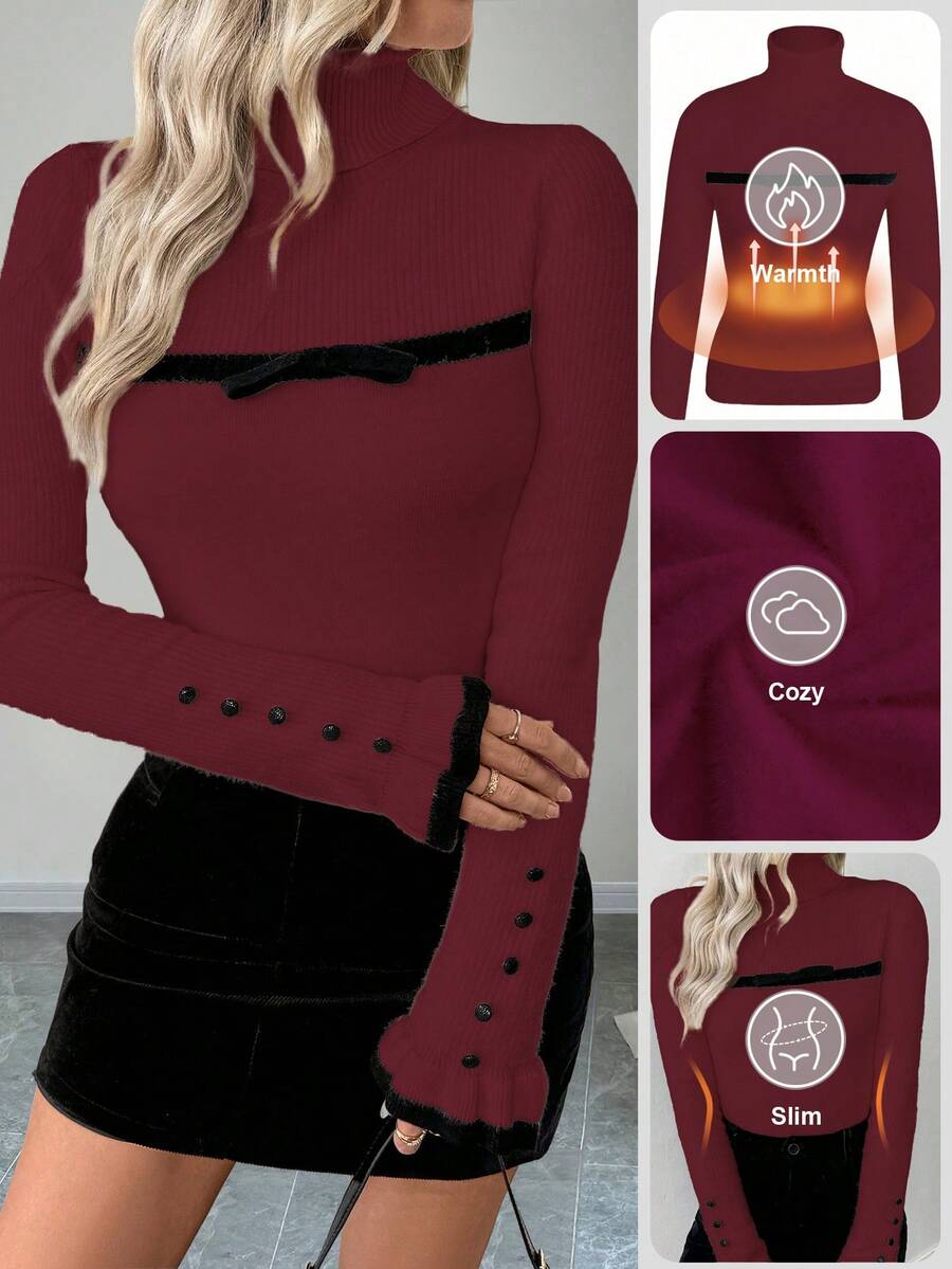 RosyDaze Women's Turtleneck Ruffle Button Design Long Sleeve Knit Pullover Sweater With Bow, Tight Fit Thermal Lining - Burgundy - View 1
