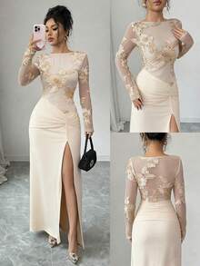 Rafferiza Women's Elegant Sexy Fitted Mesh Embroidered Patchwork High Slit Dress