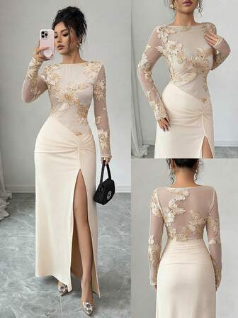 Rafferiza Elegant och sexig klänning med hög slits och broderad lapptäcke i mesh för kvinnor