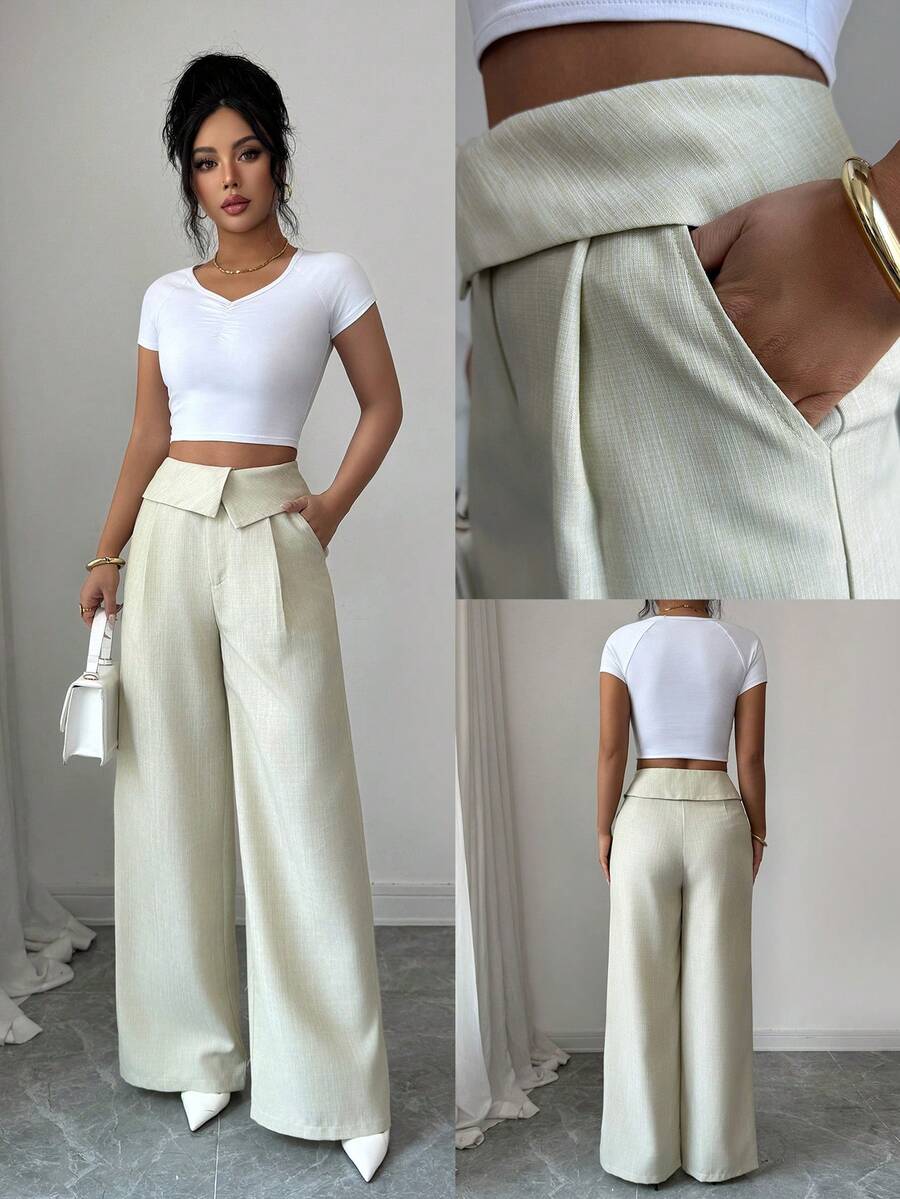 Elenzga 女士优雅双色竹纤维面料腰部拼接设计教师制服休闲裤，适合秋冬季派对、新年、情人节、复活节等休闲场合穿着。 - 杏色 - 查看 1