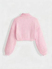 ROMWE Jersey de punto informal de cuello alto de manga larga y hombros caídos de color liso - Rosa - Ver 2