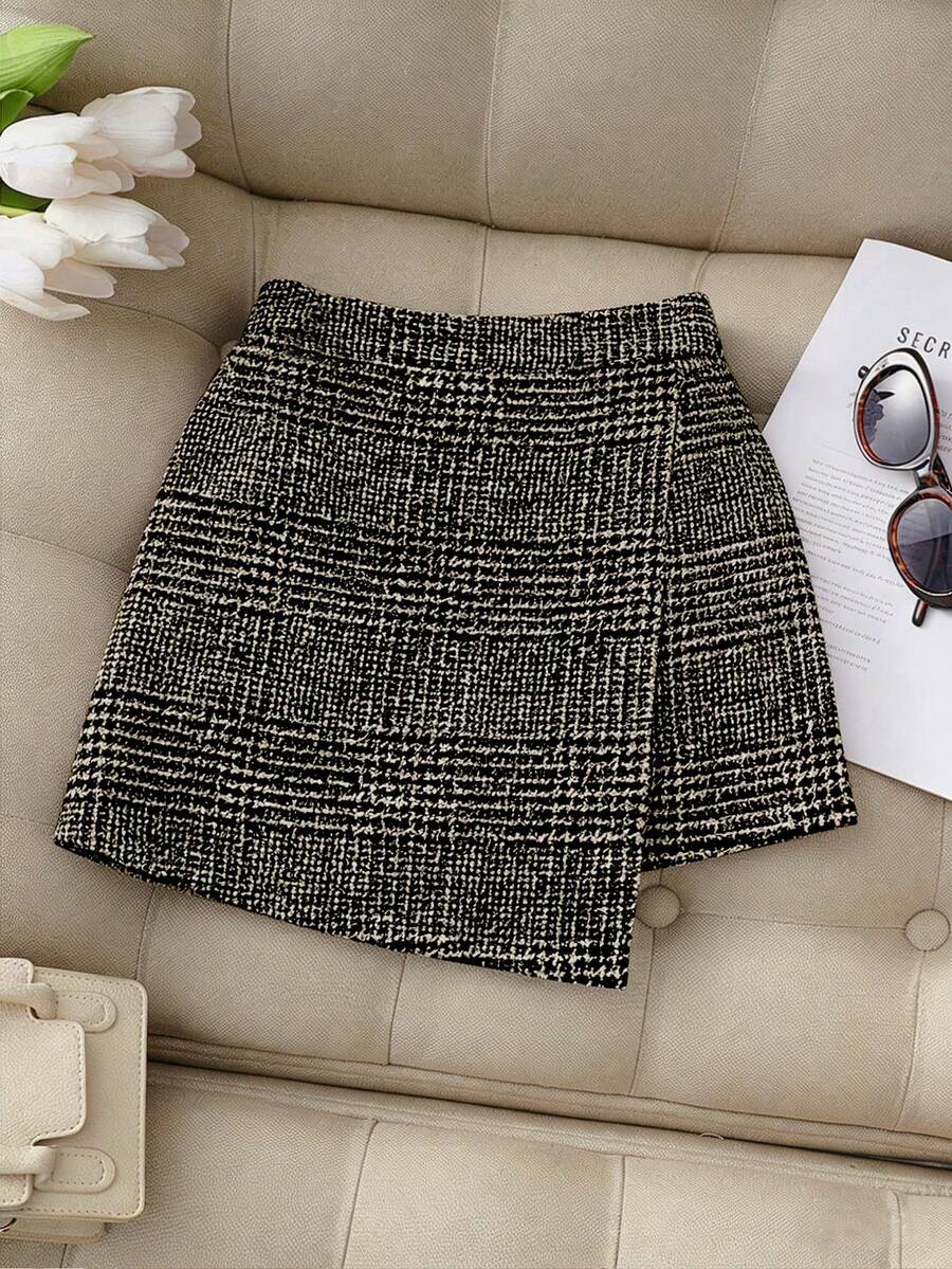 Franclia Women's Autumn/Winter Fashion New Stylish Houndstooth Retro Minimalist Commuter Versatile Daily Japanese Street Style Asymmetric Hem Skirt - Coffee Brown - View 1