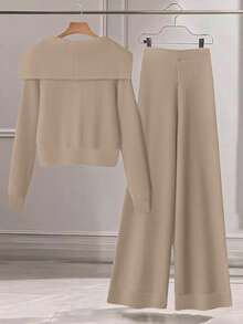 Franclia 2 件套女士休闲纯色针织毛衣套装，有领纽扣开衫和前蝴蝶结口袋针织裤 - 卡其色 - 查看 2