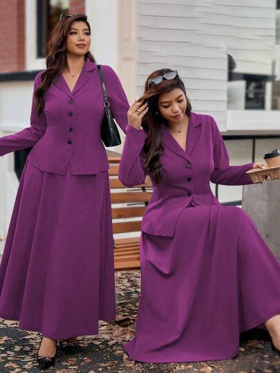 Vionelle 大码女式法式休闲长袖上衣和中长裙两件套，秋冬款