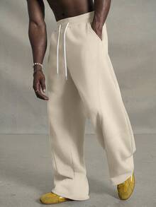 PAVTROS Men's Solid Color Drawstring Waist Pocket Casual Wide Leg Sweatpants - Khaki - View 3