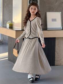 DAZY Tween Girl Contrast Trim V-Neck Long Sleeve Shirt And Mini Skirt Elegant Set - Apricot - View 3