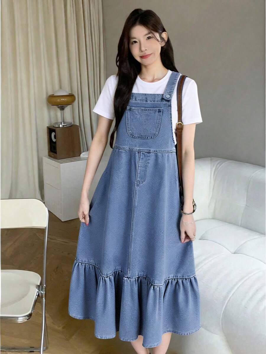 SHEIN 少女时尚休闲 Y2K 复古酷炫街头吊带舒适无弹蓝色可调节宽松牛仔连衣裙，适合少女日常穿着、春夏派对、节日和街头服饰。 - 藍色 - 查看 1