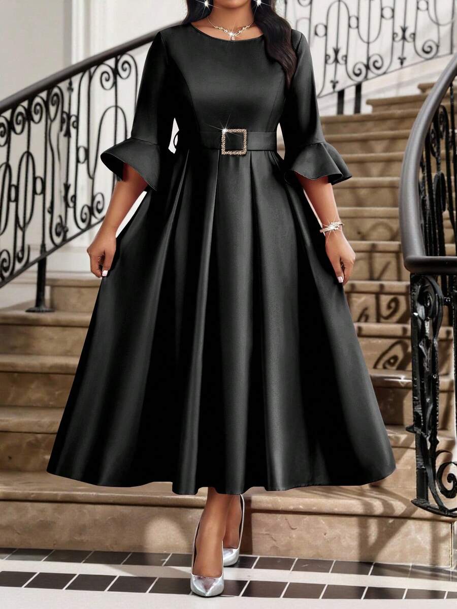 Fleurora 大码女装纯色圆领喇叭袖优雅连衣裙，适合秋冬季优雅派对、婚礼、鸡尾酒会、圣诞节等场合。粉色系带喇叭袖A字连衣裙，大码套装，适合返校节、生日等场合，秋季女装，教师装，圣诞节缎面连衣裙，婚礼宾客礼服，端庄连衣裙，碎花中长连衣裙。 - 黑色 - 查看 1