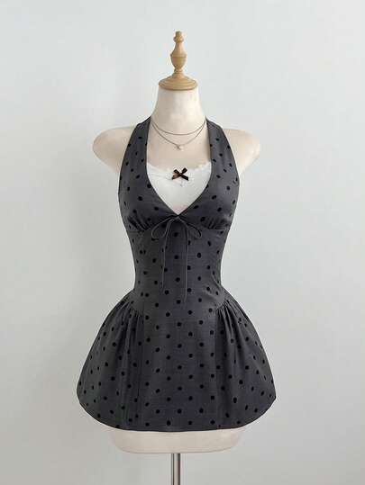 Elamini Women's Light Gray Polka Dot Tie-Up Bow Short Dress