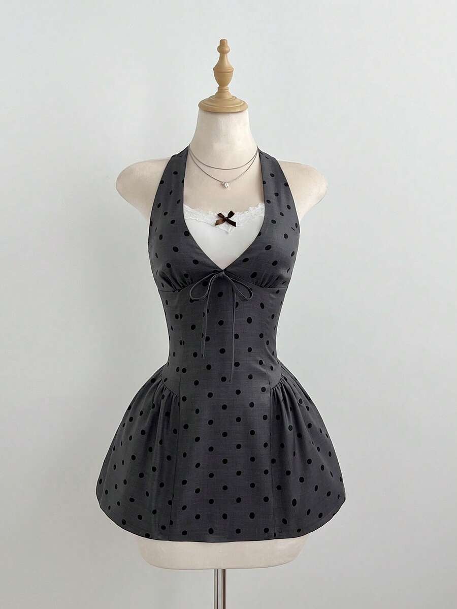 Elamini Women's Light Gray Polka Dot Tie-Up Bow Short Dress