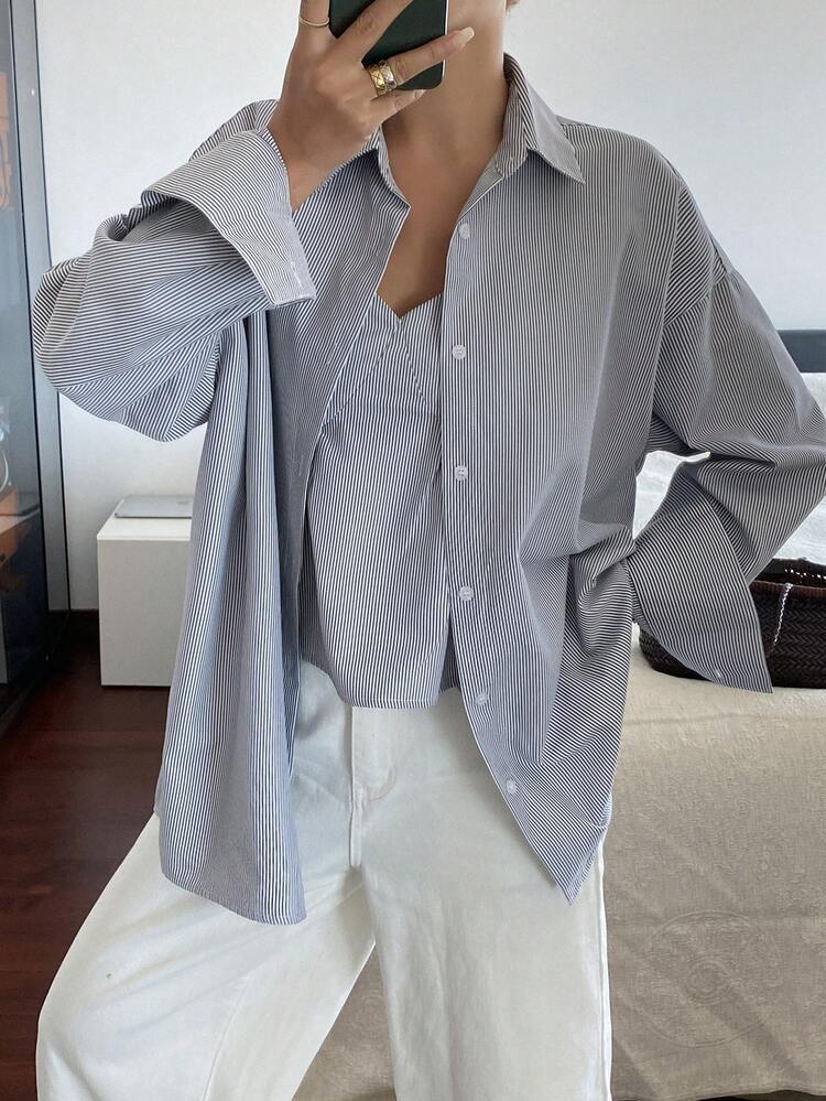 2pcs Women's Elegant Contrast Striped Cropped Camisole And Loose Turndown Collar Long Sleeve Shirt Set, Suitable For Spring And Autumn