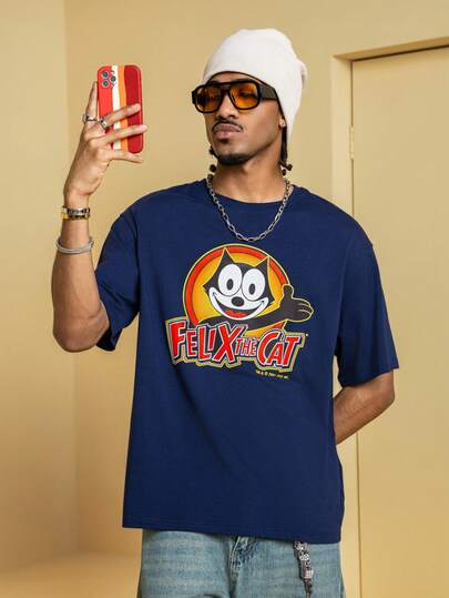 Felix The Cat X SHEIN Men's Casual Letter & Cat Print Round Neck Short Sleeve T-Shirt, Summer