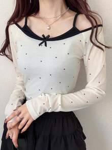 FRIFUL 女士波点撞色蝴蝶结露肩休闲长袖T恤，适合秋冬季穿着。 - 杏色 - 查看 6