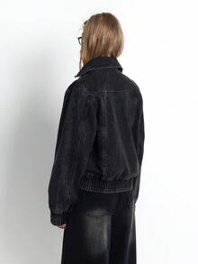 Bloopia 女士时尚通勤蕾丝拼接长袖拉链外套 - 黑色 - 查看 2