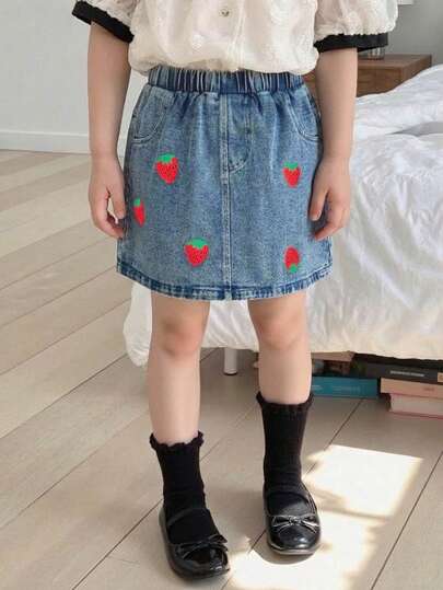 Playful Pals Young Girl' Casual Cute Washed Blue Strawberry Print Skirt, Comfortable Sweet Casual Resort School Style Recommended! Comfortable Washed Blue Denim Fabric