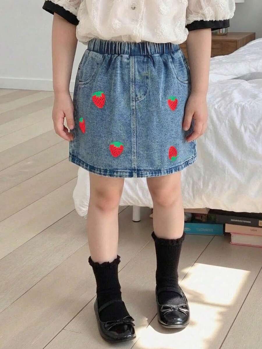 Playful Pals Young Girl' Casual Cute Washed Blue Strawberry Print Skirt, Comfortable Sweet Casual Resort School Style Recommended! Comfortable Washed Blue Denim Fabric - Medium Wash - View 1