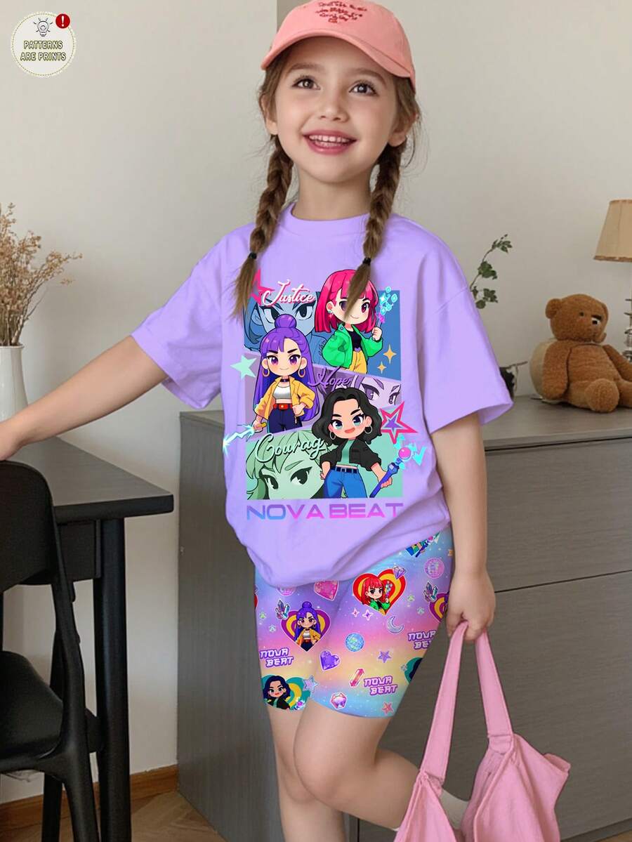 SHEIN 2件套少女休闲时尚彩色韩流女团字母星星印花圆领短袖T恤和短裤套装，适合度假、派对、日常穿着、演唱会等场合。 - 彩色 - 查看 1