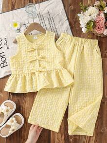 SHEIN Young Girl Tween Girls Casual Minimalist Comfy Round Neck Ruffle Hem Camisole And Pants 2 Piece Set - Yellow - View 2