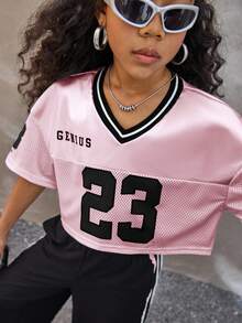 Coolane Kids Tween Girls Blush Pink Summer Streetwear School Back-To-School V-Neck Mesh Fabric Letter & Number Print Loose Cropped T-Shirt,Cute Fashionable Jersey - Pink - View 6