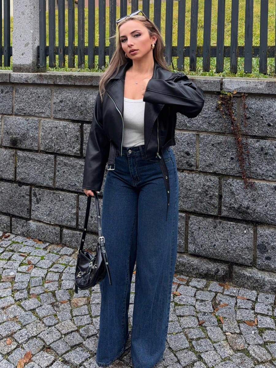 Jeta Ari 女式宽松休闲PU皮革拉链夹克，秋季服装 - 黑色 - 查看 1