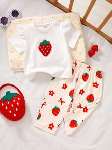 SHEIN Bộ áo thun ngắn tay cổ tròn + quần cho bé gái sơ sinh 0-9 tháng tuổi, kiểu dáng thường ngày, dễ thương, đa năng, họa tiết, thích hợp mặc mùa hè, đồ mặc thoải mái cho bé gái. - trắng - Xem 3