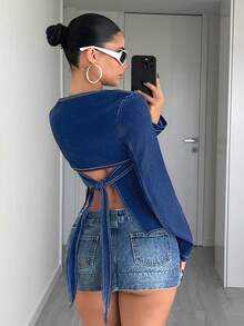 Jeanoix Women's Fashion Casual Tie-Back Long Sleeve Denim Blouse - Dark Wash - View 1