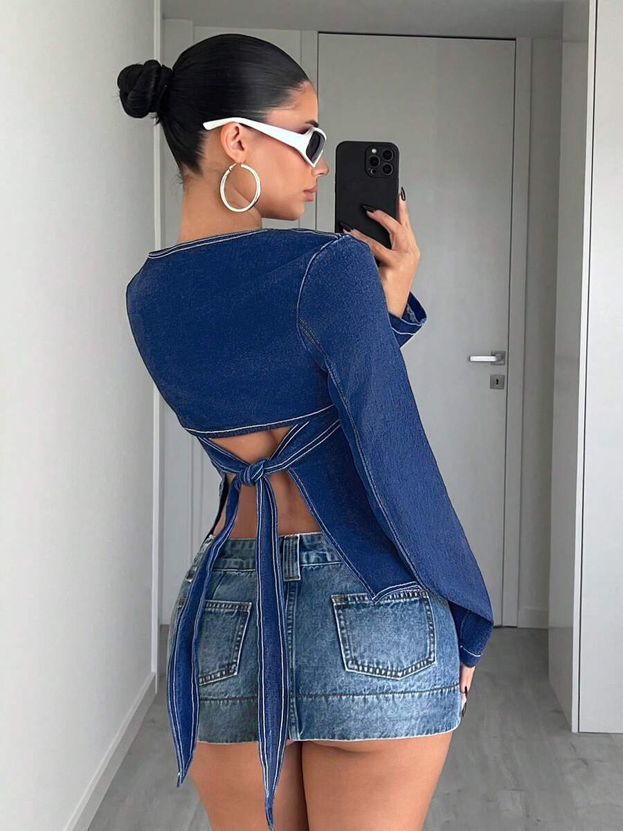 Jeanoix Women's Fashion Casual Tie-Back Long Sleeve Denim Blouse - Dark Wash - View 1