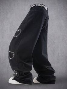 Manfinity EMRG Quần jean ống rộng đính đá lấp lánh unisex - màu đen - Xem 4