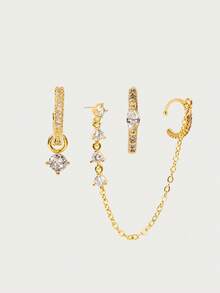 Glisma 3pcs/Set Delicate Cubic Zirconia Chain Ear Studs Clip-On Earrings, Women Formal Party Jewelry (Quantity Fits One Ear) - Yellow Gold - View 5