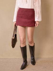 Chiquease Vintage Italian Maillard Beaded Midi Skirt, Sexy Dark Tone Design, Suitable For Autumn/Winter - Redwood - View 7