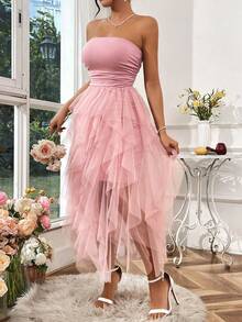 Rafferiza Baby Pink Strapless Mesh Midi Dress For Women Sleeveless Ruched Flared A Line Party Style - Baby Pink - View 3
