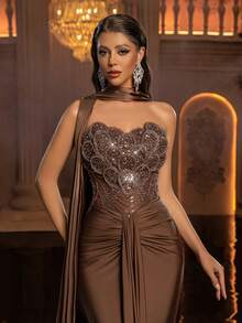 Glamrae Petite Women's Elegant Rhinestone Detail Ruched Slit Fitted Evening Gown (Embellished Version) - Coffee Brown - View 5