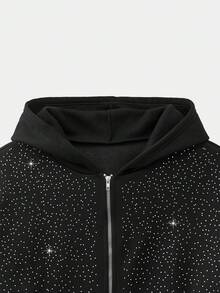 Manfinity VCAY Men's Hooded Sweatshirt Set Relaxed Fit Stylish Rhinestone Gradient Embellishment Two Pieces Sweatshirt Set - Black - View 8