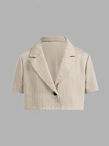 SHEIN Tween Girls Striped Lapel Collar Short Sleeve Jacket And Straight Leg Pants Casual Suit Set,Kids - Khaki - View 4