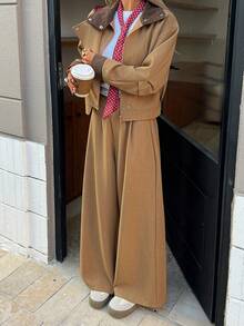 DAZY Women's Casual Contrast Color Patchwork Jacket And Wide Leg Pants 2 Pieces Set, Autumn/Winter Lounge Sets For Women - Khaki - View 4