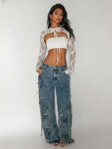 Jeanoix Women's Lace Fabric Sexy Daring Avant-Garde Blouse - White - View 3