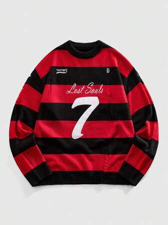 Men's Loose Fit Embroidered Striped Long Sleeve Sweater